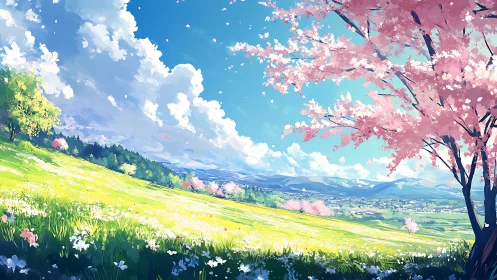 Anime spring landscape reveals luminous valley under cherry bloom
