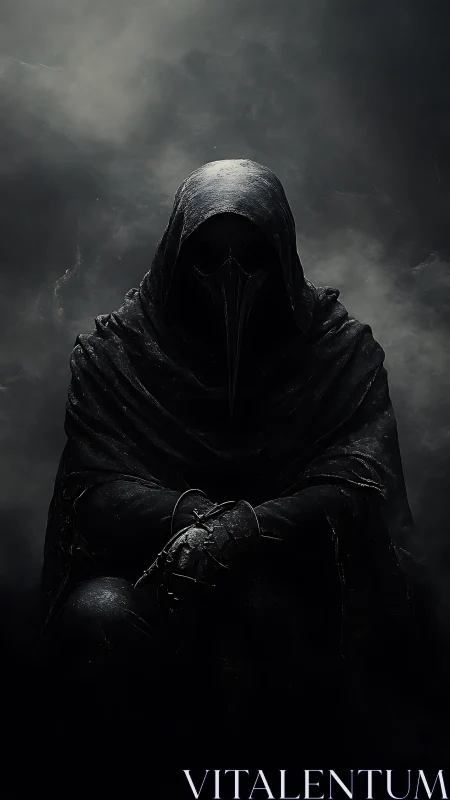 Hooded plague doctor figure shrouded in dense shadow.