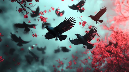 Digital painting of crows in neon crimson foliage atmosphere.