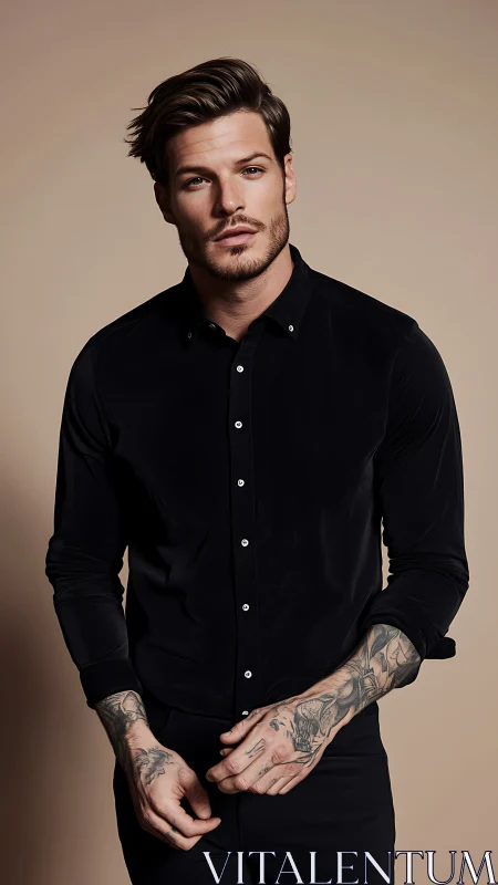 Tattooed man in black shirt poses against neutral studio background.
