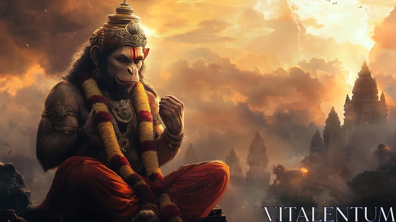 Mythic monkey deity figure before distant temple complex.