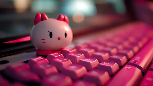 Cute cat USB accessory glows over neon pink keyboard.
