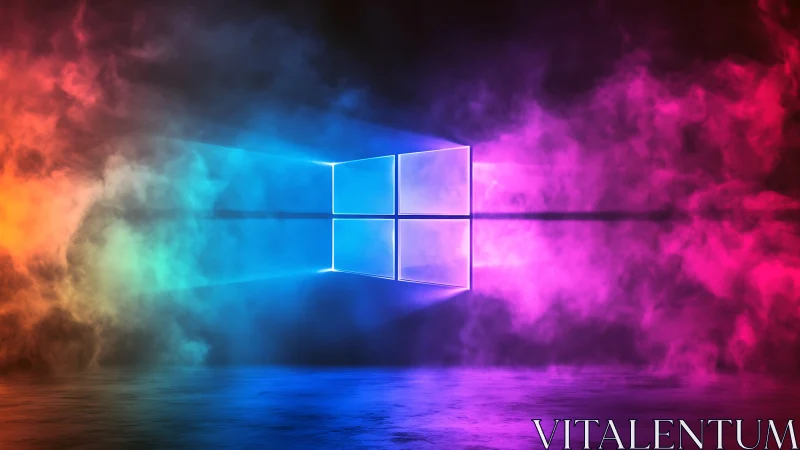 Neon window logo glowing through vivid gradient fog.