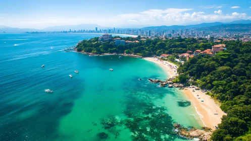 Curved turquoise bay with lush headland and distant skyline.