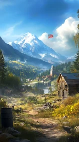 Snowcapped mountain towers over rustic American valley.