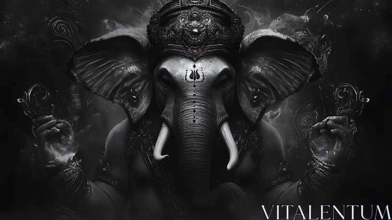 Elephant-headed deity rendered in monochrome digital chiaroscuro