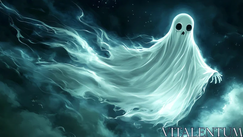 Glowing cartoon ghost drifts through moody teal night sky