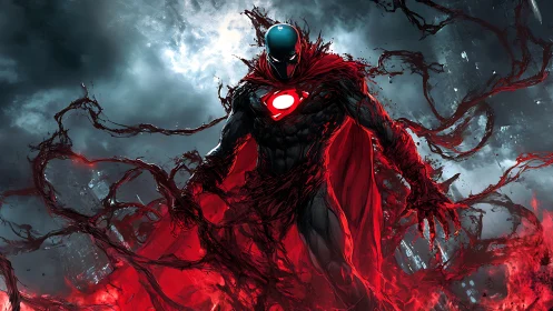 Dark armored antihero in red energy cloak stands mid-storm.