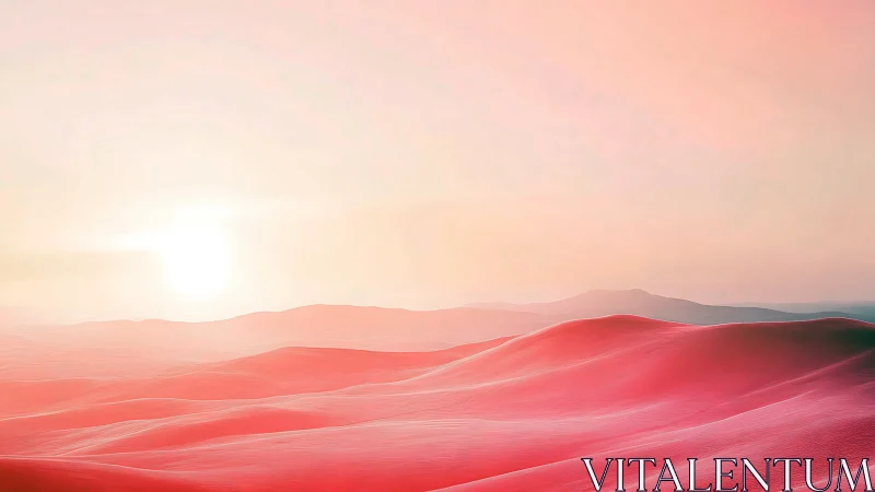 Iridescent pink desert dunes under diffuse sunrise haze