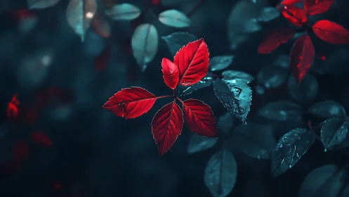 Red leaves glowing softly against a dreamy teal forest.