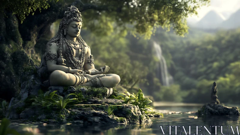 Serene stone deity meditating beside jungle waterfall pond.