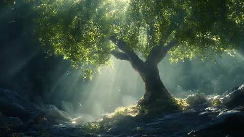 Solitary broad tree in sunlit rocky forest clearing scene.