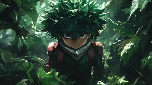 Forest shadows crown a determined hero with wild green light