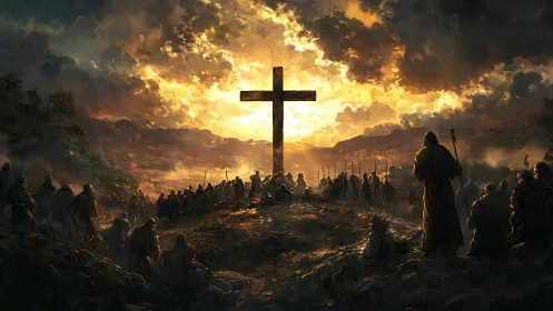 Pilgrims gather before towering cross under burning sky.