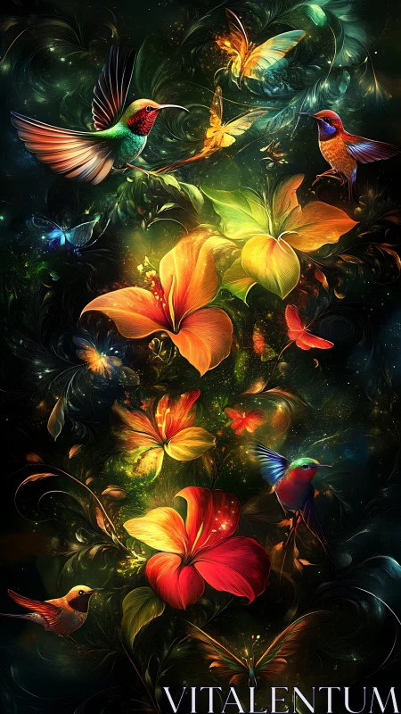 Hummingbirds and firefly blossoms weaving a glowing jungle spell.