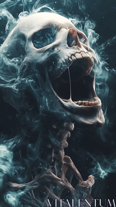 Volumetric-rendered human skull in swirling translucent smoke