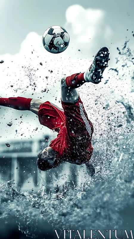 Rain-slashed bicycle kick freezes midair in cinematic detail