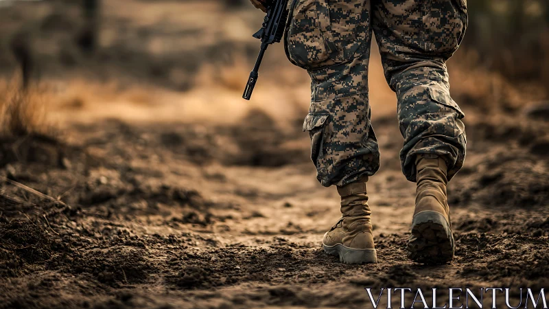 Steady soldier’s footsteps move quietly along a dusty path