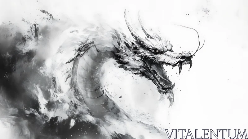 Monochrome ink dragon erupts from swirling negative space