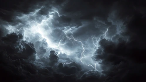 Stormlit clouds glow as powerful lightning fills the night sky