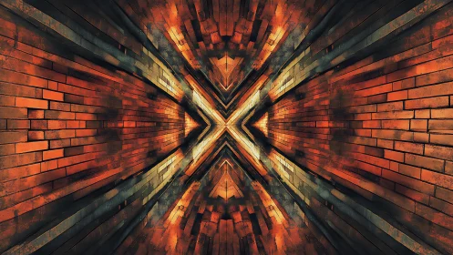 Symmetrical Abstract Brick Tunnel with Fiery Orange Lighting.