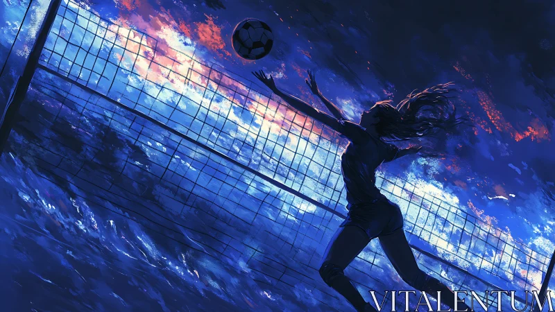 Silhouetted volleyball player jumps to hit ball at dusk.