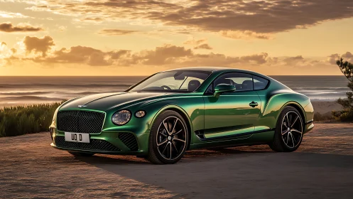 Emerald grand tourer coupe glows against dramatic ocean sunset.