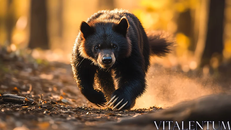 Golden-hour forest sprint of a determined black bear cub.