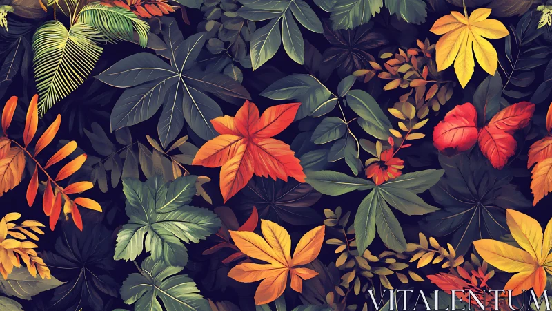 Lush autumn foliage pattern glows against deep night tones