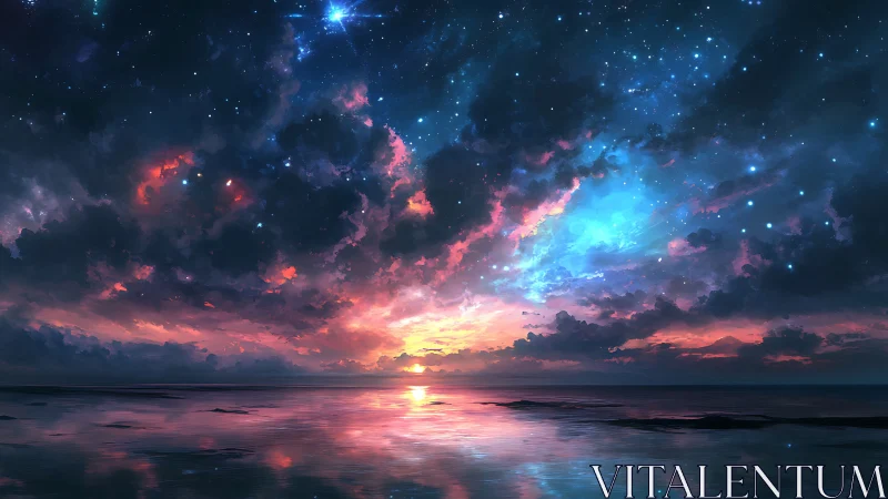 Cosmic sunset pours vivid nebula light across calm ocean