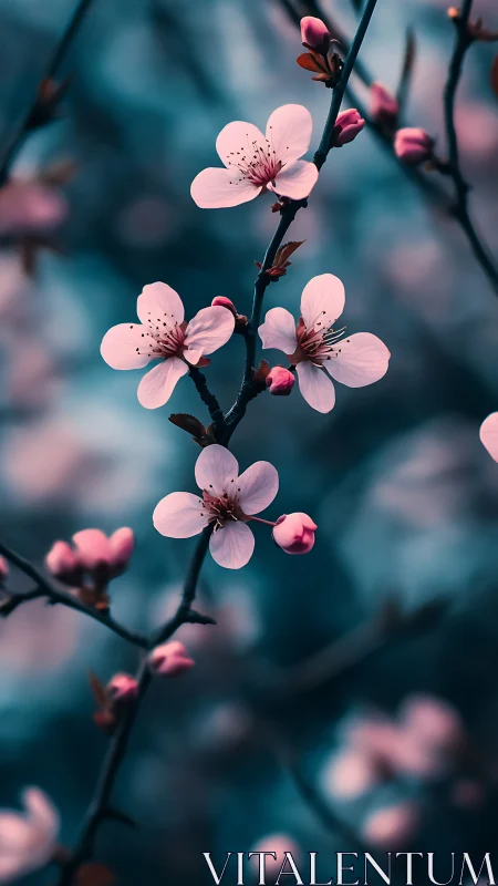 Pink cherry blossoms on dark branches with blurred teal background.