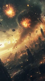 Cinematic digital painting of apocalyptic city bombardment.
