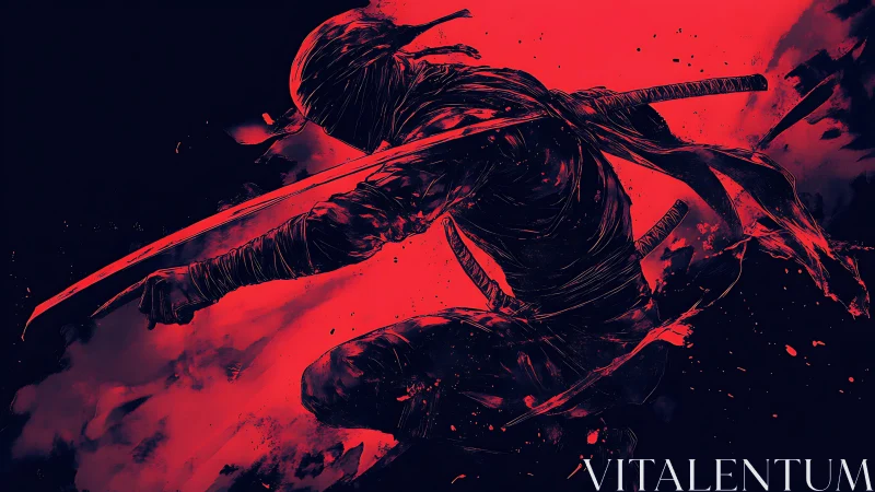 Silhouetted ninja lunges through crimson shadows in mid-strike