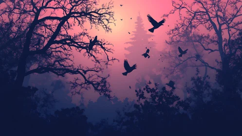 Silhouetted forest landscape with birds in flight at twilight.