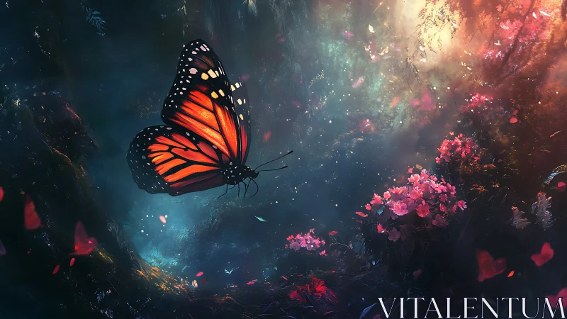 Monarch butterfly in glowing fantasy forest scene.