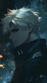 Blond anime man in profile stands in dark, smoky scene