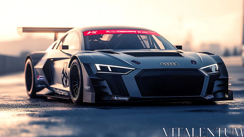 Aggressive race-tuned Audi GT glows in soft sunrise light.