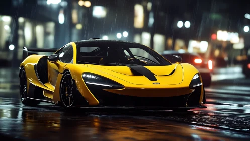 Yellow hypercar stands on wet city street under rain