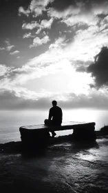 Silhouetted figure on coastal stone bench at high-contrast dusk