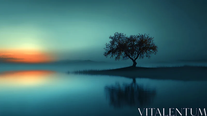 Solitary lakeside tree silhouettes against cyan twilight gradient