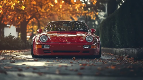 Low-slung red sports coupe on autumn street, frontal view