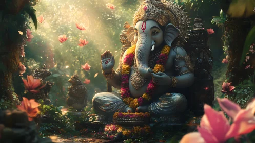 Ganesha sculpture in forest shrine with floral elements.