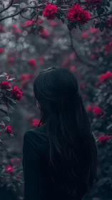 Woman with long dark hair stands among red rose bushes