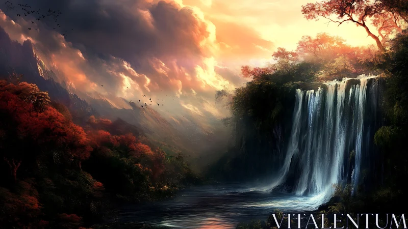 Digital painting of luminous waterfall in autumnal canyonscape.
