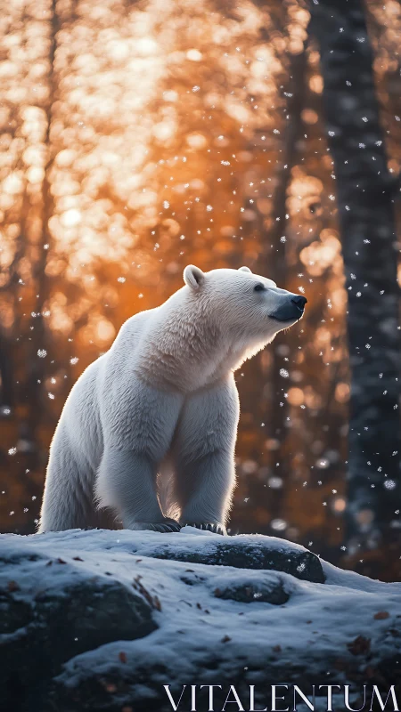 Polar bear on snowy outcrop in warm backlit forest snowfall