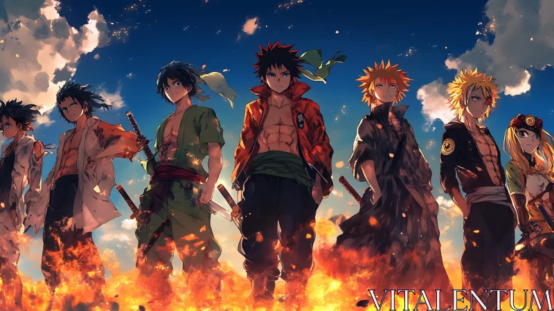 Fiery anime heroes standing strong in a glowing sunset sky.
