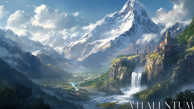 Epic fantasy valley with citadel on waterfall cliffs panorama.