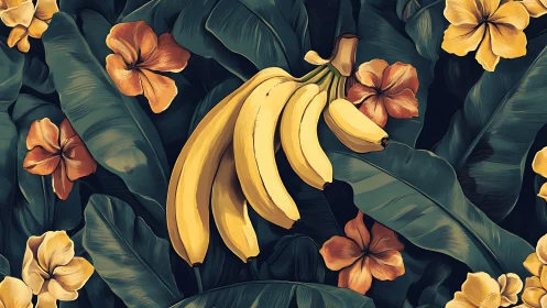 Banana bouquet basking in lush midnight jungle leaves.
