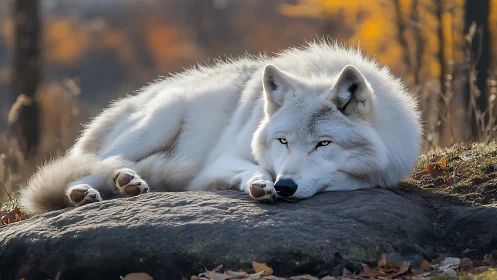 Soft autumn sunlight cradles a resting white wolf peacefully