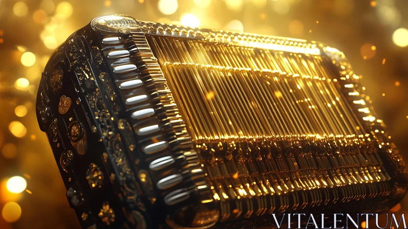 Golden accordion rendered in close-up with reflective highlights